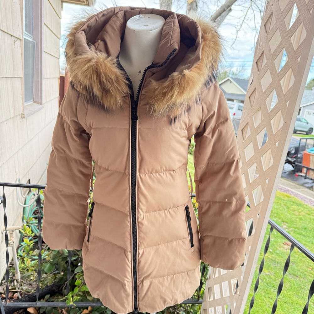 Moncler  Tan Puffer Jacket with Faux Fur Trim it’s a long jacket t,   $300